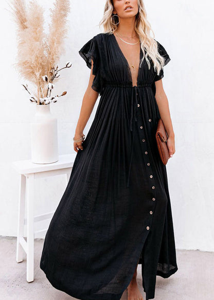 Black Patchwork Long Summer Dress Solid Ruffled