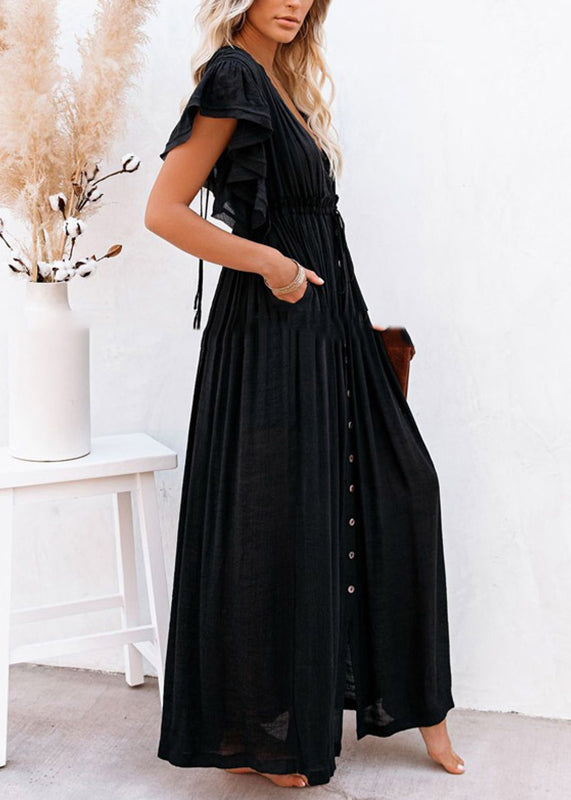 Black Patchwork Long Summer Dress Solid Ruffled