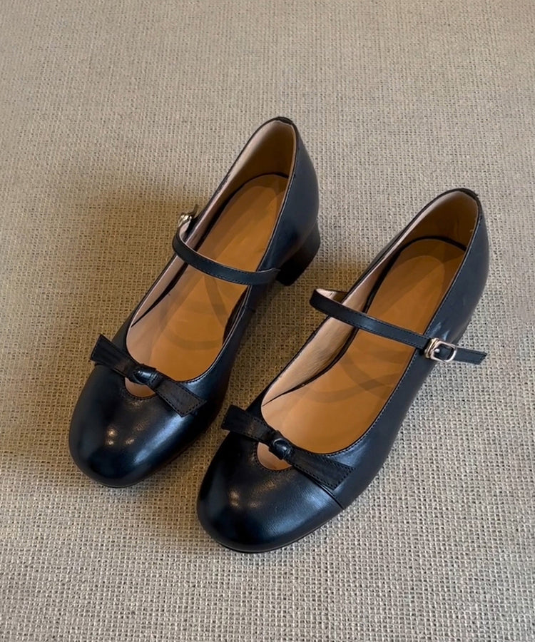 Chunky Sheepskin Strap Black Splicing Shoes Bow Buckle