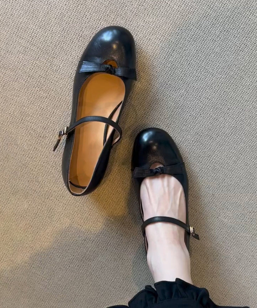 Chunky Sheepskin Strap Black Splicing Shoes Bow Buckle