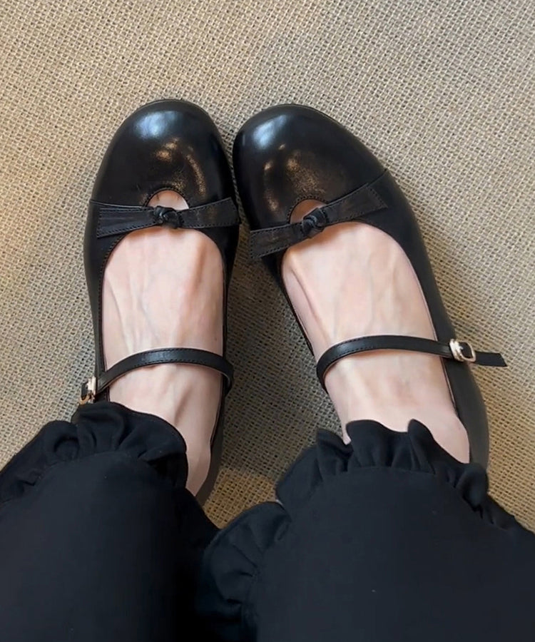 Chunky Sheepskin Strap Black Splicing Shoes Bow Buckle