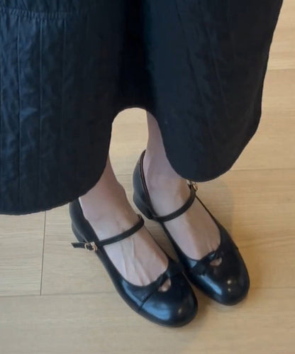 Chunky Sheepskin Strap Black Splicing Shoes Bow Buckle