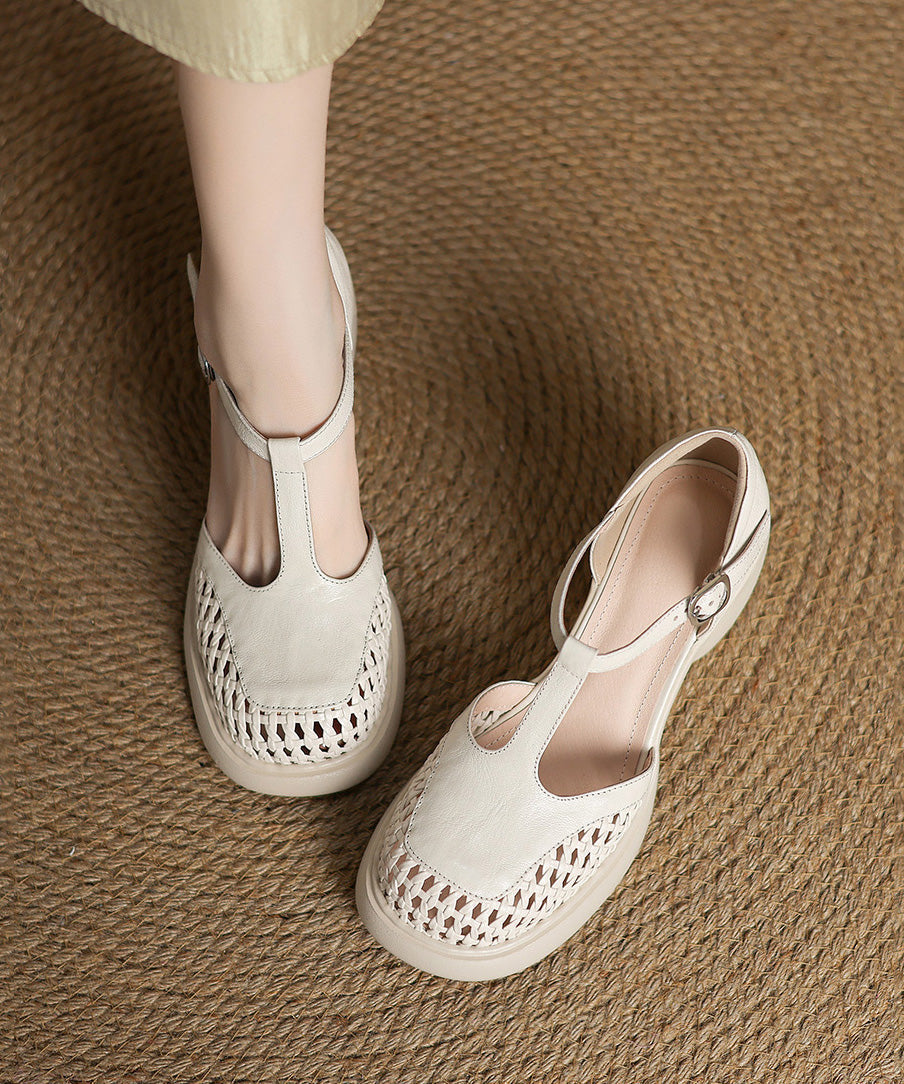 Sheepskin Out Strap Buckle Chunky Black Splicing Hollow Heel