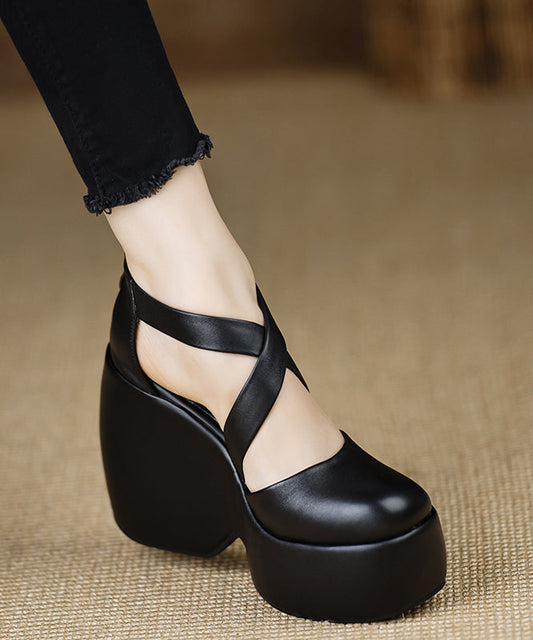 High Cross Sheepskin Black Strap Heels Wedge Splicing Stylish