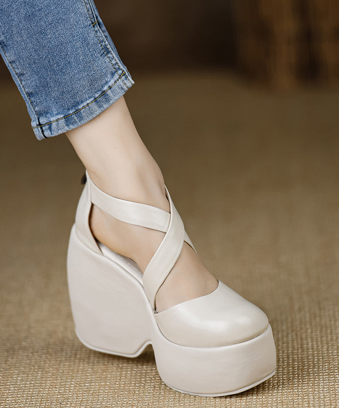 High Cross Sheepskin Black Strap Heels Wedge Splicing Stylish