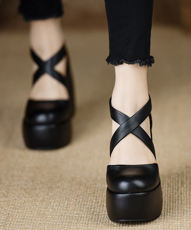High Cross Sheepskin Black Strap Heels Wedge Splicing Stylish