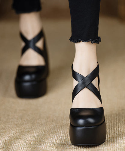 High Cross Sheepskin Black Strap Heels Wedge Splicing Stylish