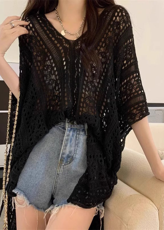 Open Summer Cinched Side Top Out Black Hollow Knit