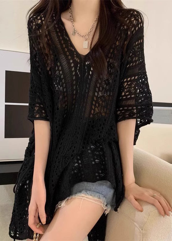 Open Cinched Summer Black Top Hollow Knit Out Side