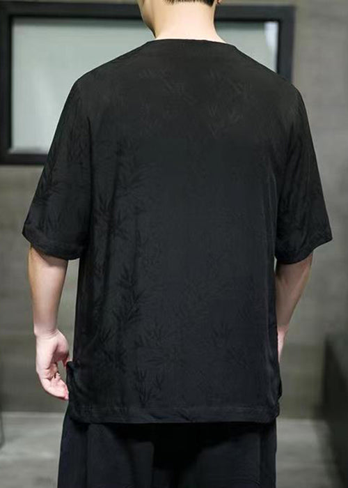 Black Side Open Cotton Men T Shirt V Neck Short Sleeve LK059