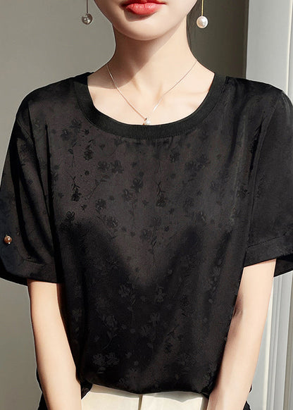 Neck Summer Shirts O Side Open Black Silk