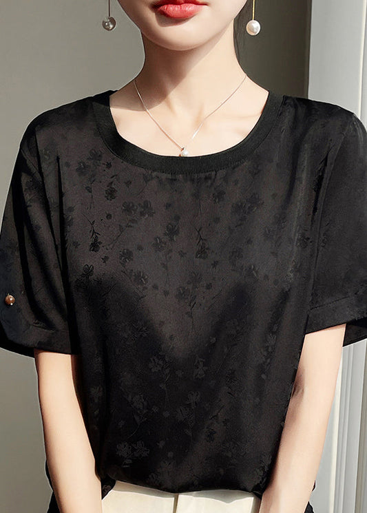 Neck Summer Shirts O Side Open Black Silk