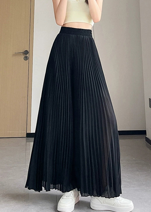 Chiffon Elastic Solid Pants Waist Leg Summer Wide Black