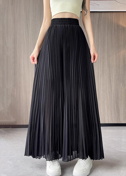 Chiffon Elastic Solid Pants Waist Leg Summer Wide Black