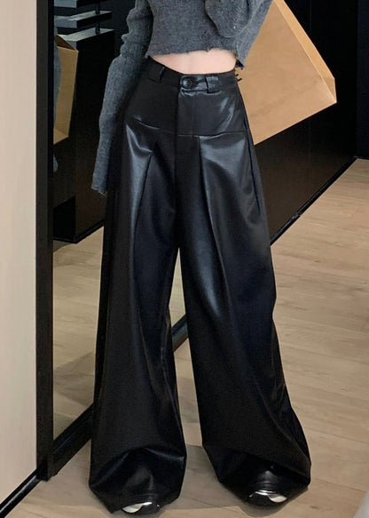 Black Solid Faux Leather Wide Leg Pants High Waist PP032