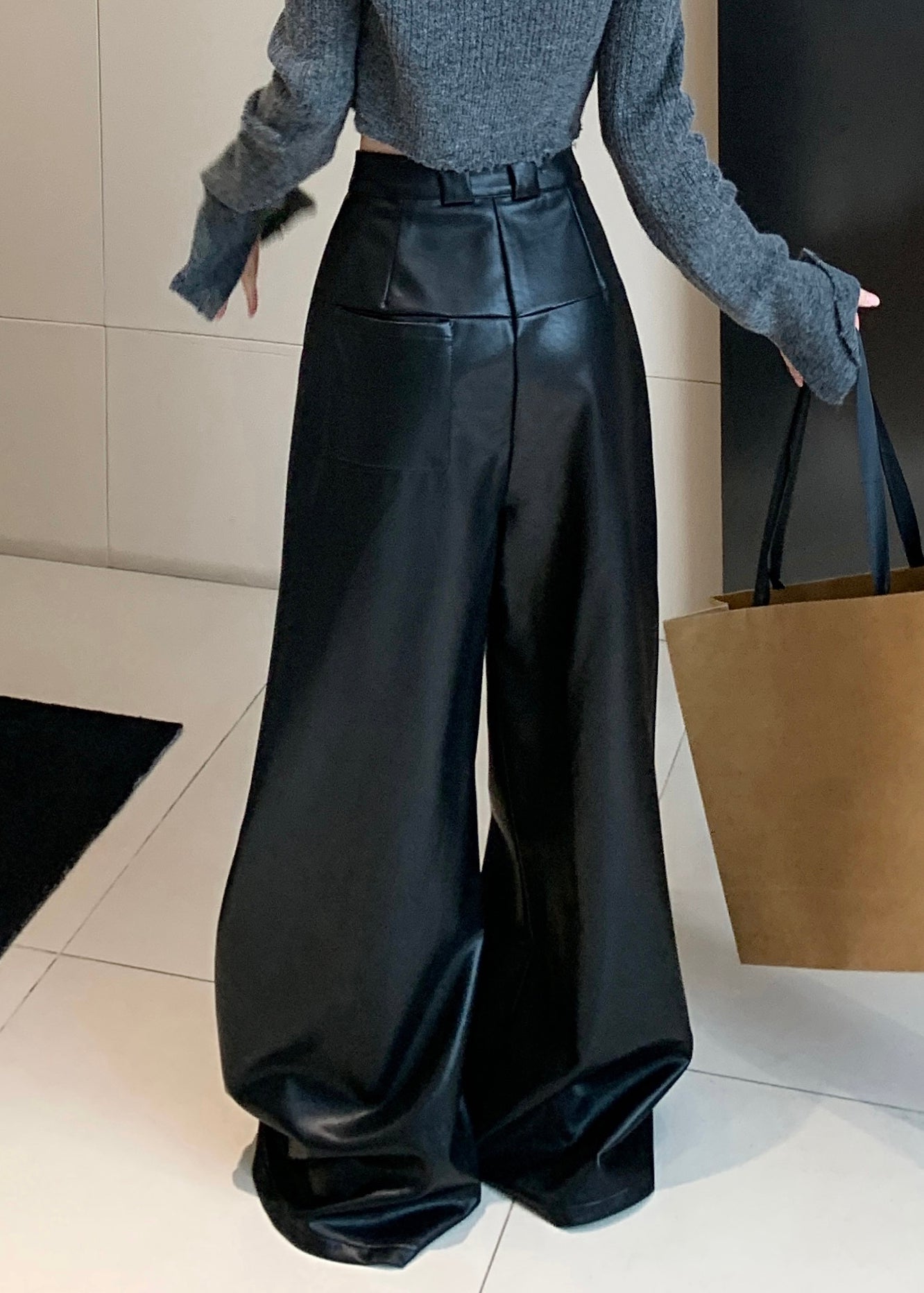 Black Solid Faux Leather Wide Leg Pants High Waist PP032