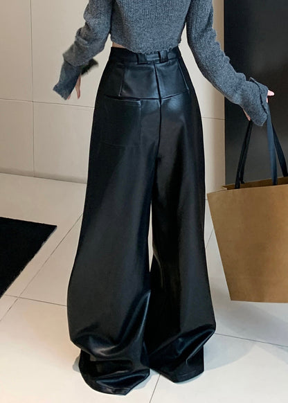 Black Solid Faux Leather Wide Leg Pants High Waist PP032