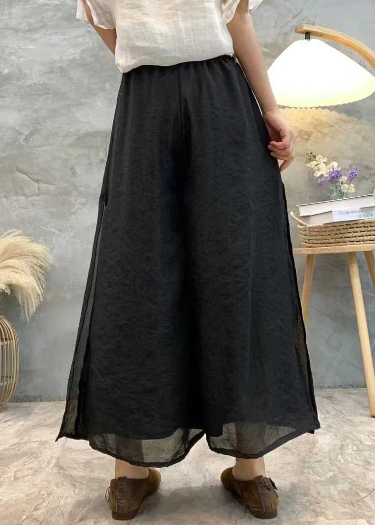 Schwarze Sommerhose aus Leinen mit weitem Bein und hoher Taille AU1069