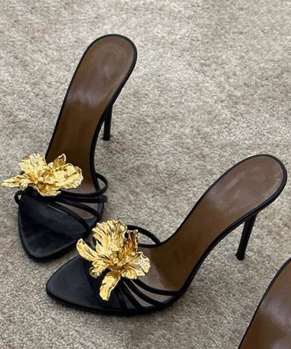 Fashion Leather Floral Stiletto Sandals Black Faux Splicing Slide