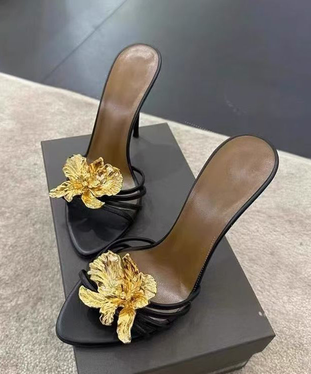 Splicing Floral Slide Sandals Faux Black Fashion Stiletto Leather