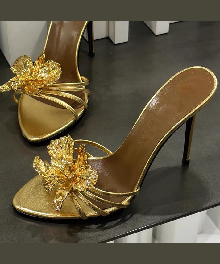 Fashion Leather Floral Stiletto Sandals Black Faux Splicing Slide