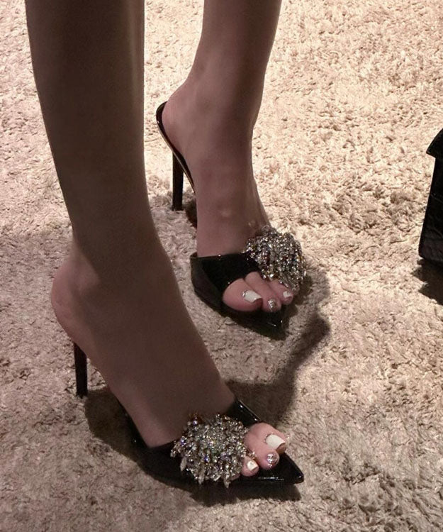 Leather Fashion Zircon Sandals Faux Black Stiletto Slide