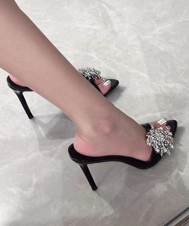 Leather Fashion Zircon Sandals Faux Black Stiletto Slide