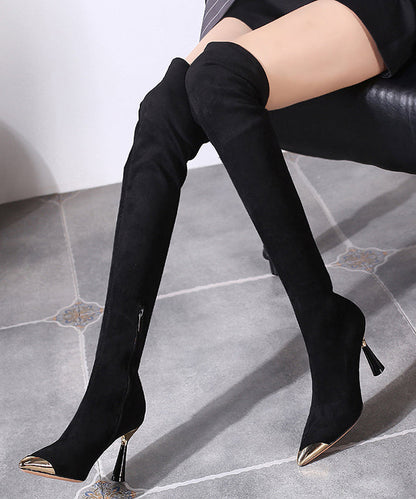 Black Stiletto Faux Leather Stylish Splicing Knee Boots TE001