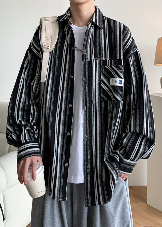 Oversized Peter Spring Men Striped Pan Cotton Black Collar Shirts