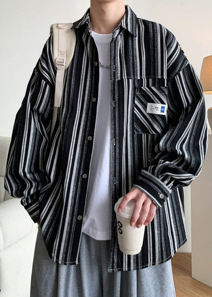 Oversized Peter Spring Men Striped Pan Cotton Black Collar Shirts