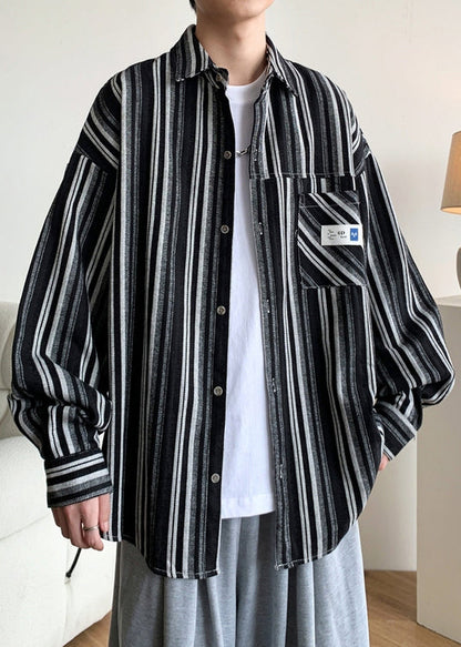 Oversized Peter Spring Men Striped Pan Cotton Black Collar Shirts