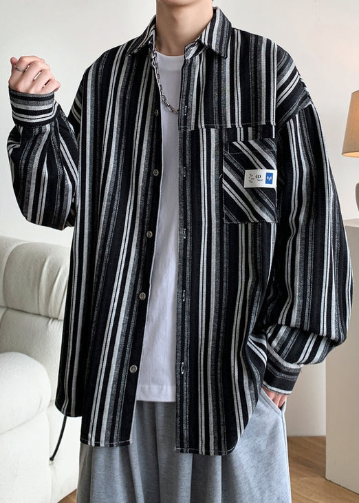 Oversized Peter Spring Men Striped Pan Cotton Black Collar Shirts