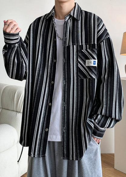 Oversized Peter Spring Men Striped Pan Cotton Black Collar Shirts