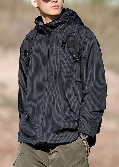 Zippered Ice Men Hooded Silk Thin Striped Coat Black