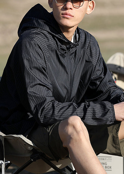 Zippered Ice Men Hooded Silk Thin Striped Coat Black