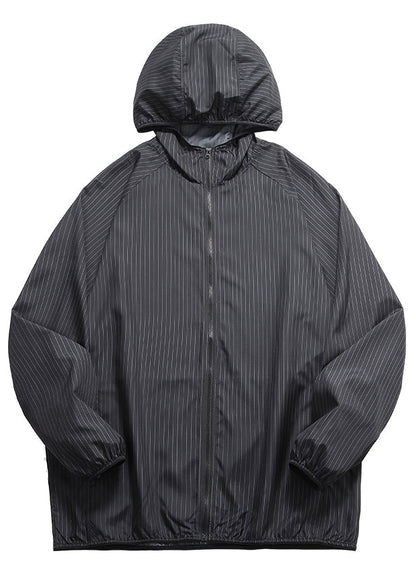 Zippered Ice Men Hooded Silk Thin Striped Coat Black
