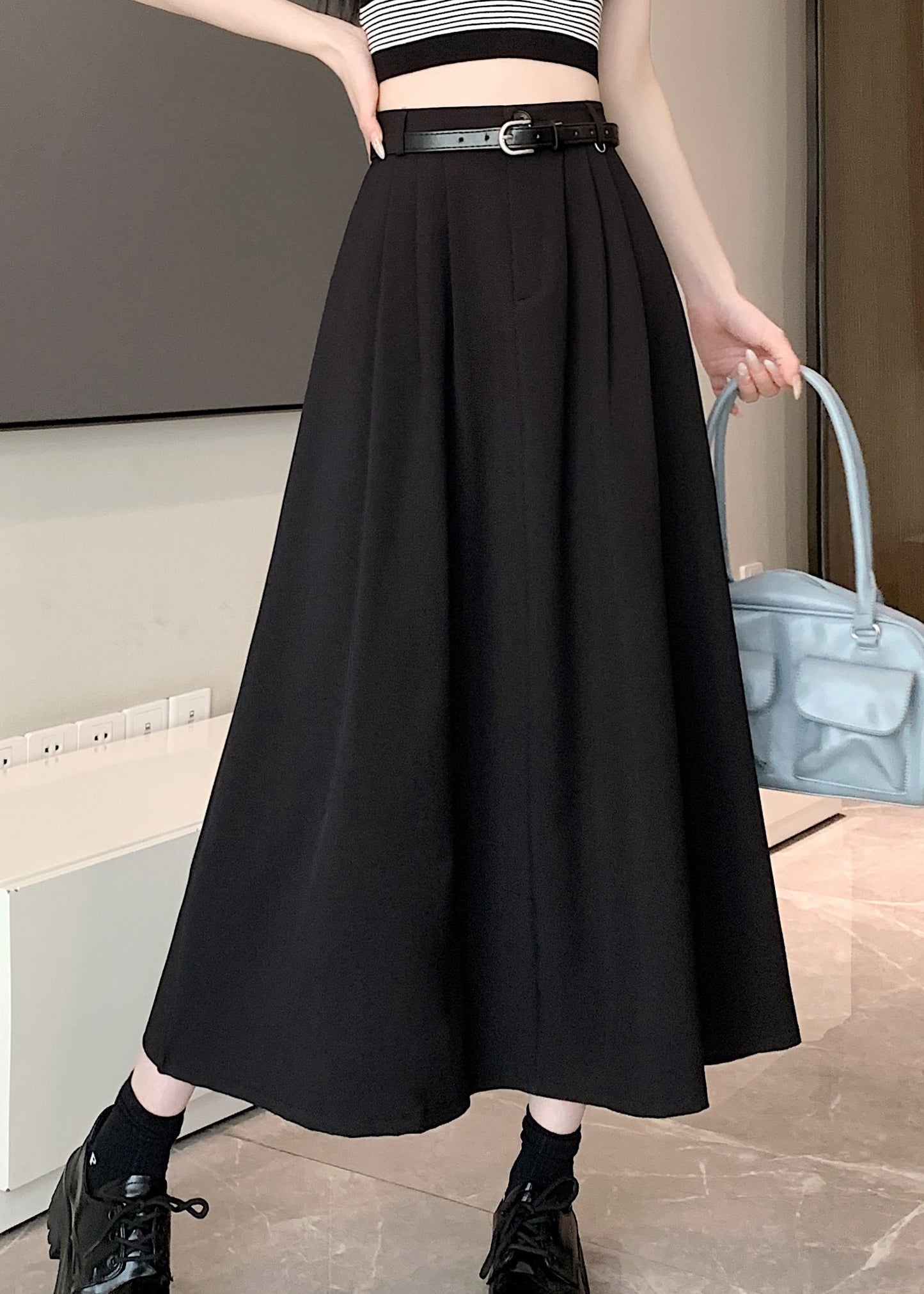 Black Stylish Exra Large Hem High Waist Skirt Spring QQ1003