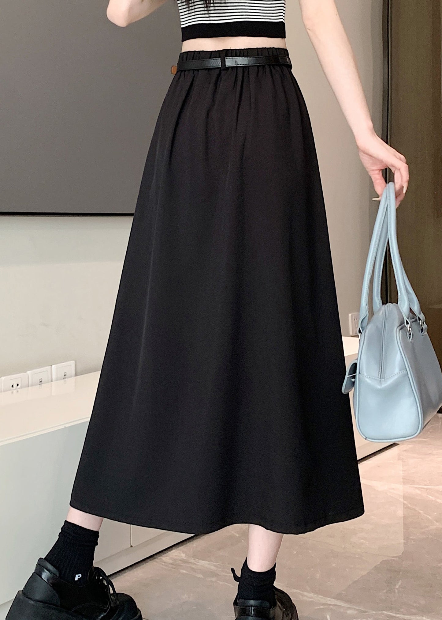 Black Stylish Exra Large Hem High Waist Skirt Spring QQ1003