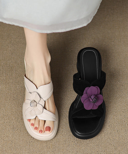 Slide Floral Sandals Suede Peep Toe Splicing Black