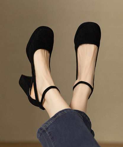 Buckle Hollow Black Heel Splicing Out Chunky Sandals Strap Suede