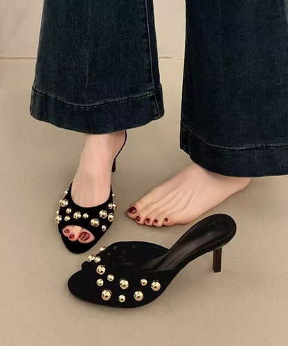 Heel High Black Splicing Suede Slide Rivet Unique Sandals