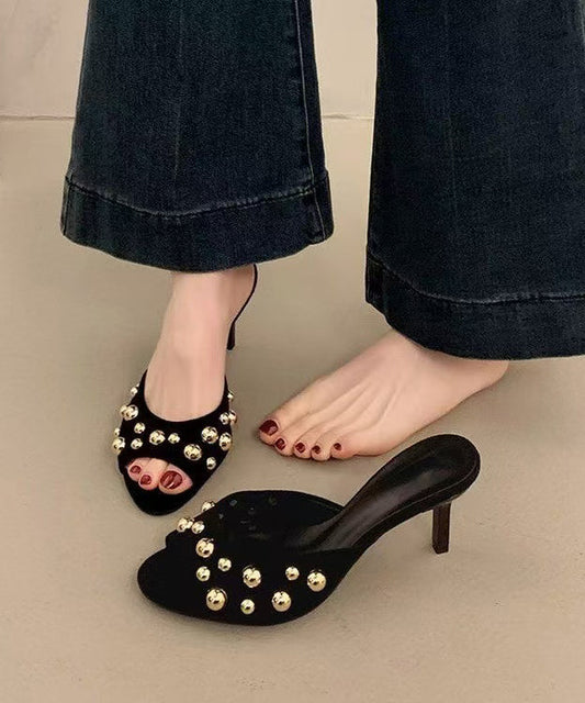 Heel High Black Splicing Suede Slide Rivet Unique Sandals