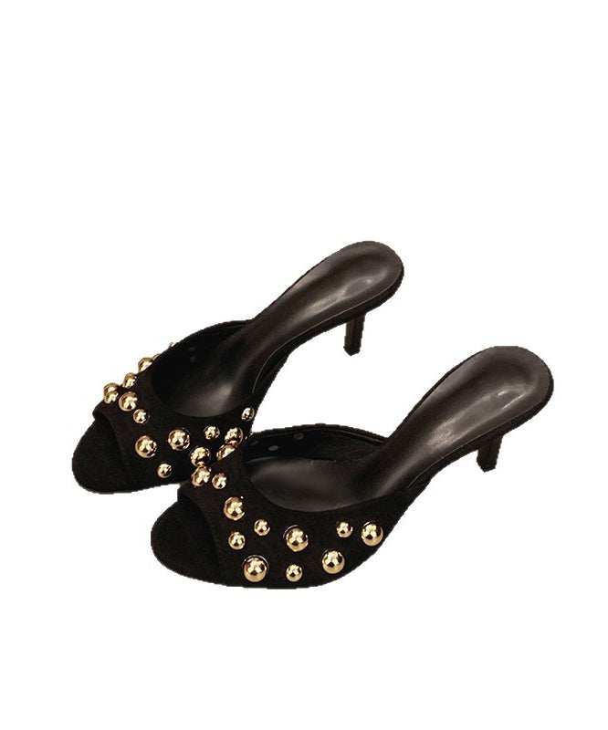 Heel High Black Splicing Suede Slide Rivet Unique Sandals