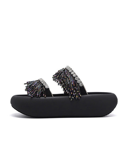 Sandals Black Slide Tassel Peep Toe Platform Splicing