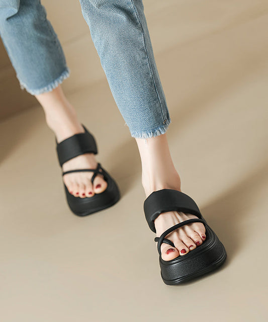 Black Thong Sandals Platform Faux Leather Fashion Splicing OI007