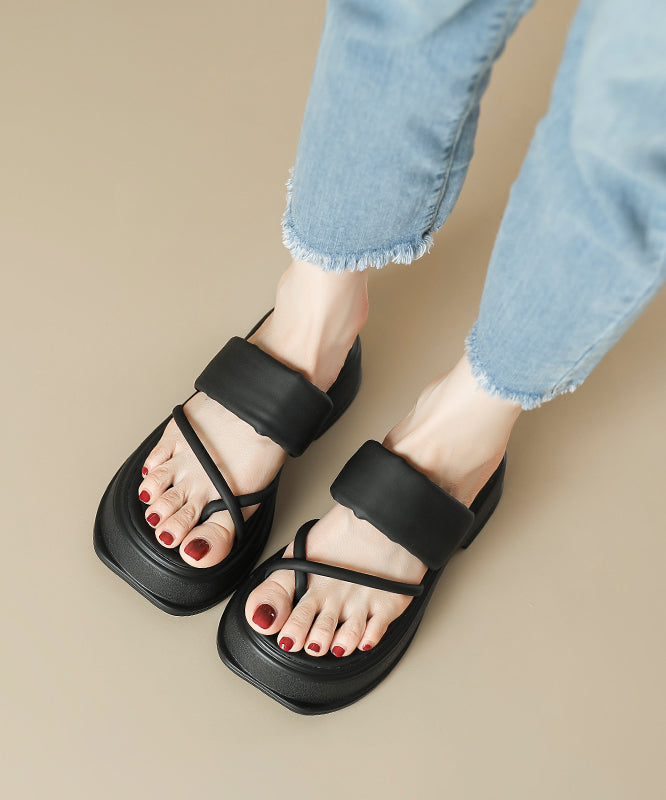 Black Thong Sandals Platform Faux Leather Fashion Splicing OI007