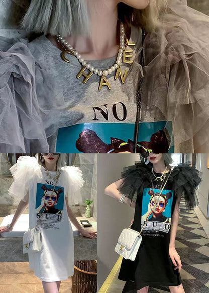 Patchwork Tulle O-Neck Summer Black T Dress Shirt Cotton