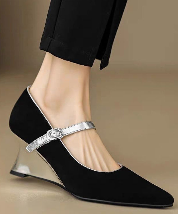 Heels Shoes Strap Black Fitted Wedge Buckle Suede Splicing