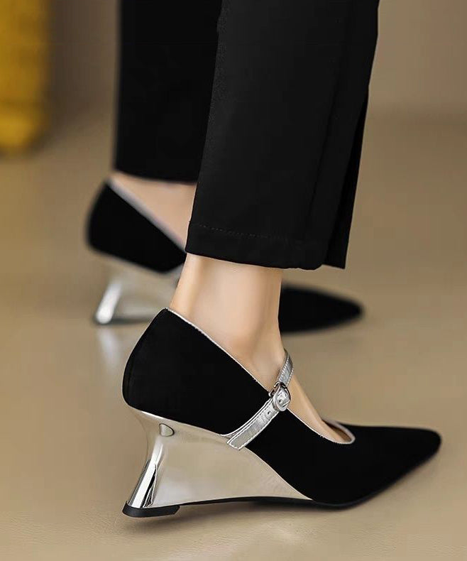 Heels Shoes Strap Black Fitted Wedge Buckle Suede Splicing