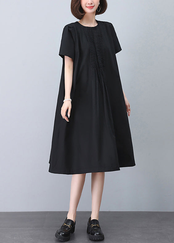 Black Wrinkled Cotton Dresses O Neck Short Sleeve MN040